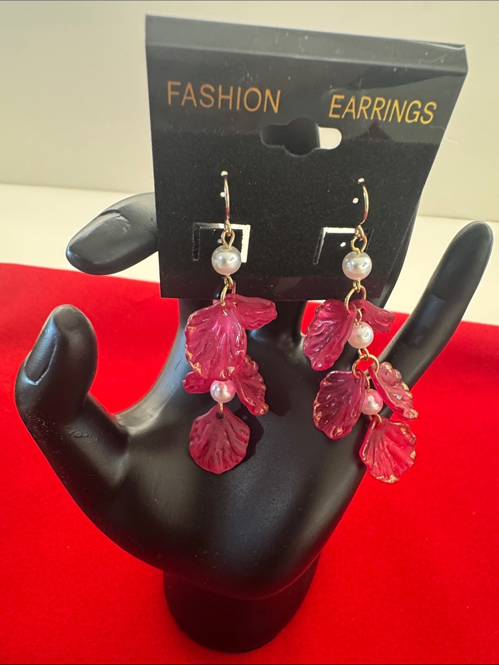 Source Unknown Pink Leaf Drop Earrings with Pearls